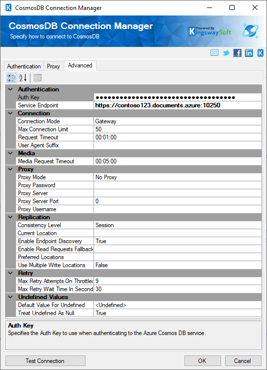 CosmosDB Connection Manager - Advanced Page